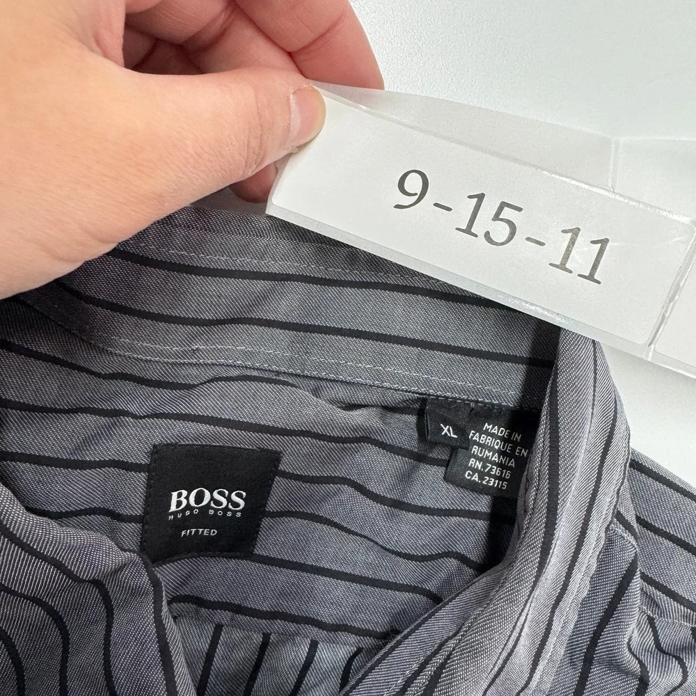 HUGO BOSS Shirt Mens XL Gray‎ Lucas Striped Button Down Fitted Long Sleeve